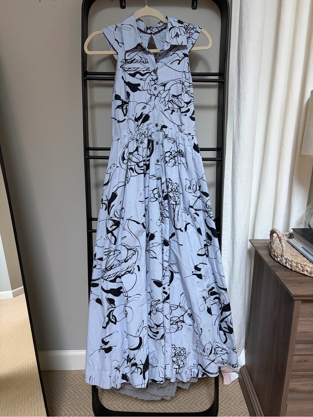Anthropologie Light Blue Maxi Dress with Black Floral Print